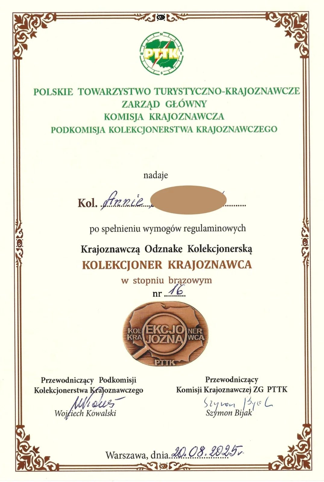 PTTK certificate for the Kolekcjoner Krajoznawca award