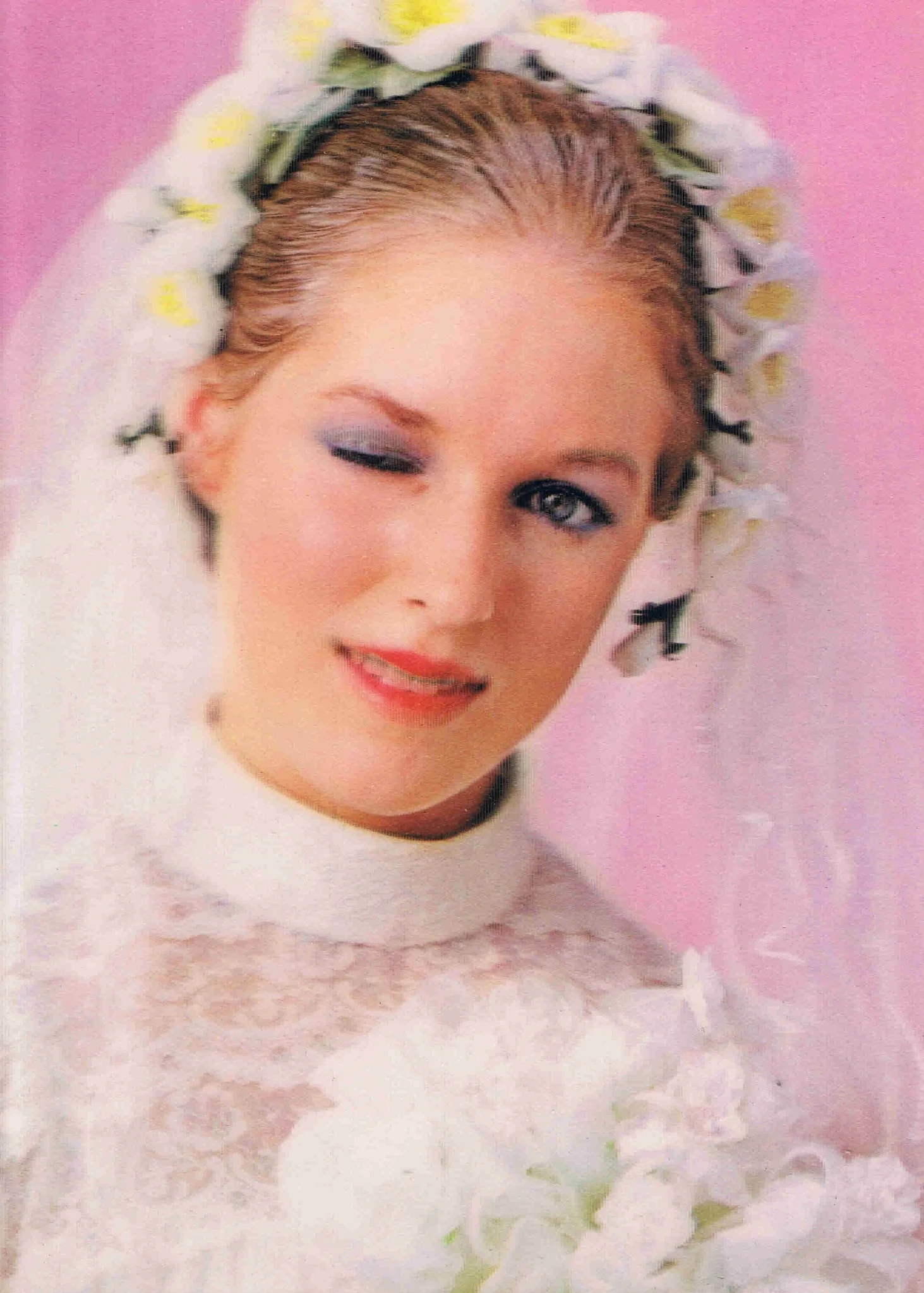 3D postcard featuring a winking bride against a pink background