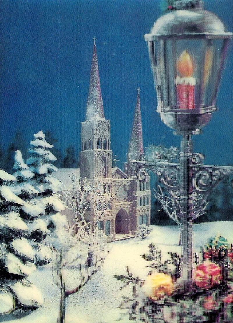 3D postcard with winter church and street lamp